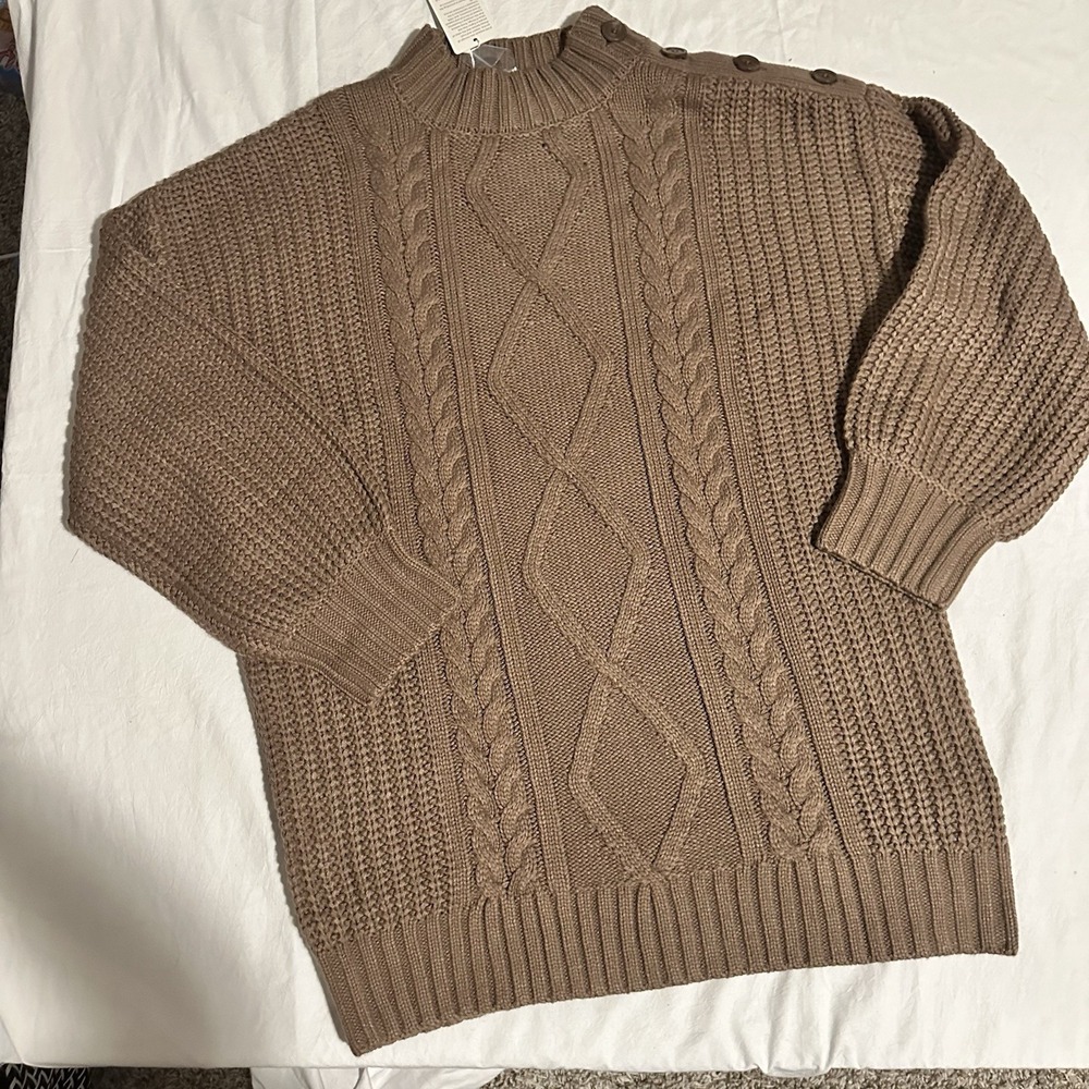 EFAN Womens Cable Knit Mock Neck Sweater Brown Oversized Button Shoulder EF1076